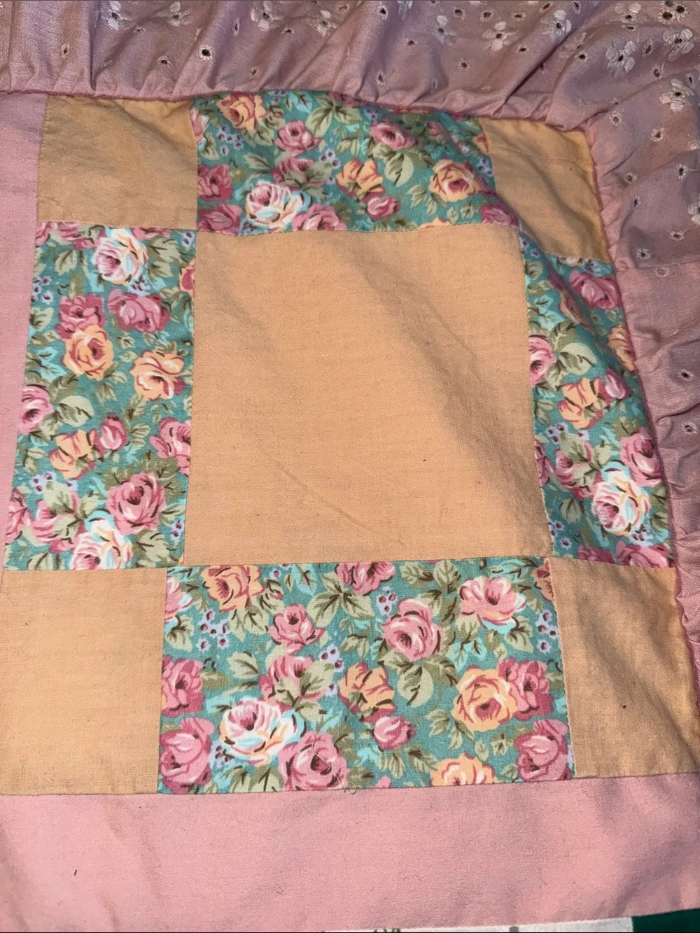 Handmade Pink Patchwork Quilted Pillowcase with Floral Accents